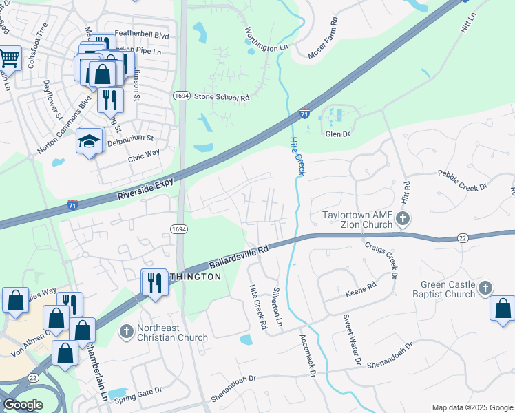map of restaurants, bars, coffee shops, grocery stores, and more near 10400 Shadow Ridge Lane in Louisville