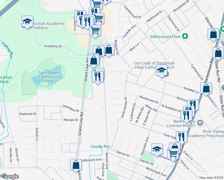 map of restaurants, bars, coffee shops, grocery stores, and more near 1836 Scott Road in New Albany