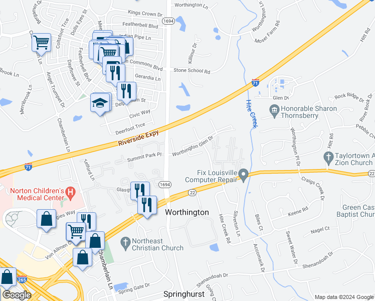 map of restaurants, bars, coffee shops, grocery stores, and more near 10301 Trotters Pointe Drive in Louisville