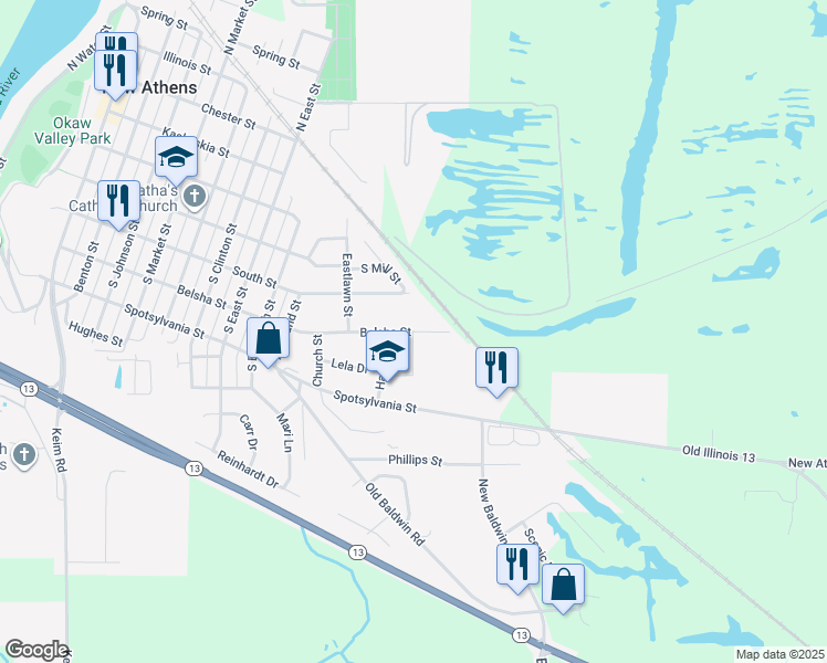 map of restaurants, bars, coffee shops, grocery stores, and more near 1052 Belsha Street in New Athens
