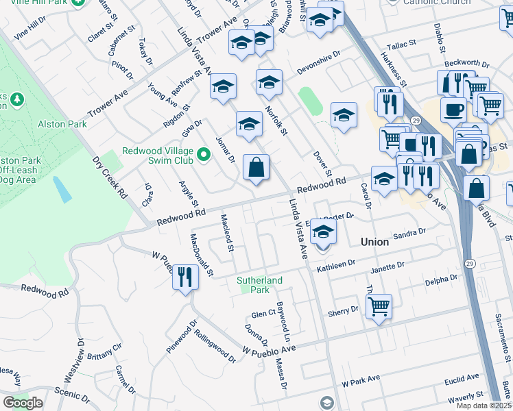 map of restaurants, bars, coffee shops, grocery stores, and more near 2441 Redwood Road in Napa