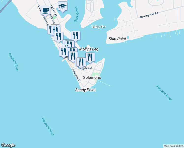 map of restaurants, bars, coffee shops, grocery stores, and more near Williams Street in Solomons