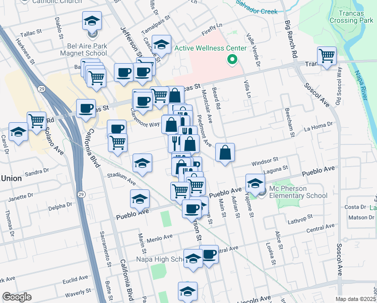 map of restaurants, bars, coffee shops, grocery stores, and more near 3192 Jefferson Street in Napa