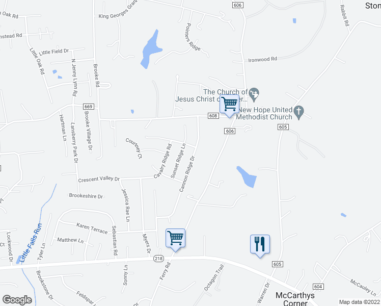 map of restaurants, bars, coffee shops, grocery stores, and more near 55 Cannon Ridge Dr in Fredericksburg