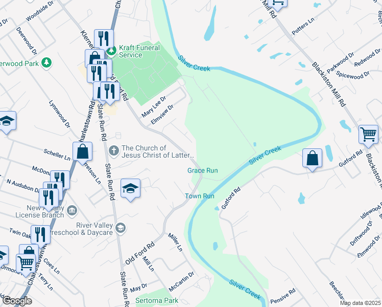map of restaurants, bars, coffee shops, grocery stores, and more near 1552 Old Ford Road in New Albany