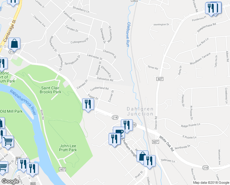 map of restaurants, bars, coffee shops, grocery stores, and more near 534 Cumberland Road in Fredericksburg
