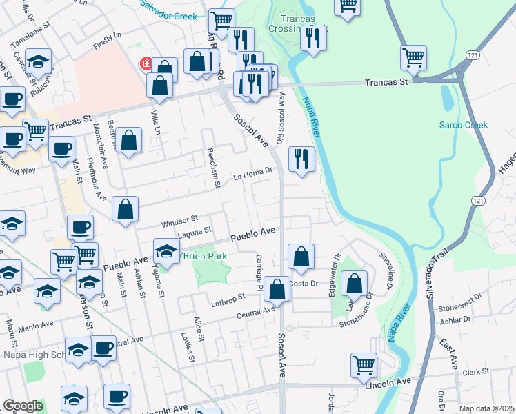 map of restaurants, bars, coffee shops, grocery stores, and more near 718 Pueblo Avenue in Napa