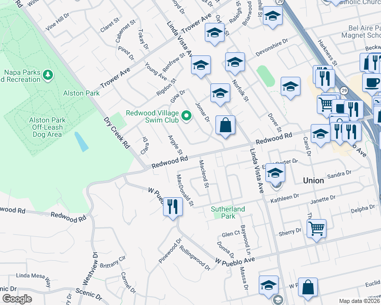 map of restaurants, bars, coffee shops, grocery stores, and more near 2510 Redwood Road in Napa