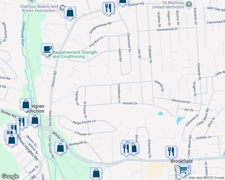 map of restaurants, bars, coffee shops, grocery stores, and more near 3 Forest Pointe Way in Fredericksburg