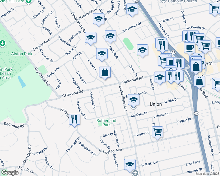 map of restaurants, bars, coffee shops, grocery stores, and more near 2441 Redwood Road in Napa