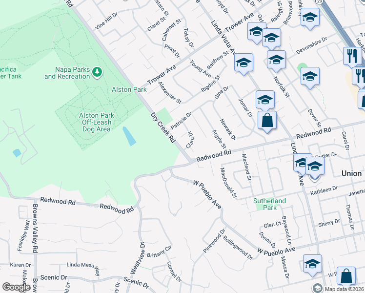map of restaurants, bars, coffee shops, grocery stores, and more near 3757 Clara Drive in Napa