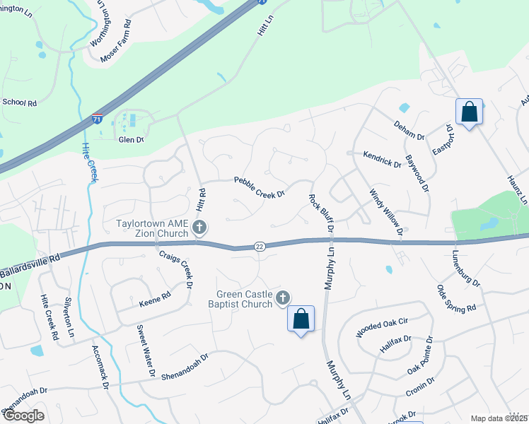 map of restaurants, bars, coffee shops, grocery stores, and more near 5520 Rock Valley Way in Louisville
