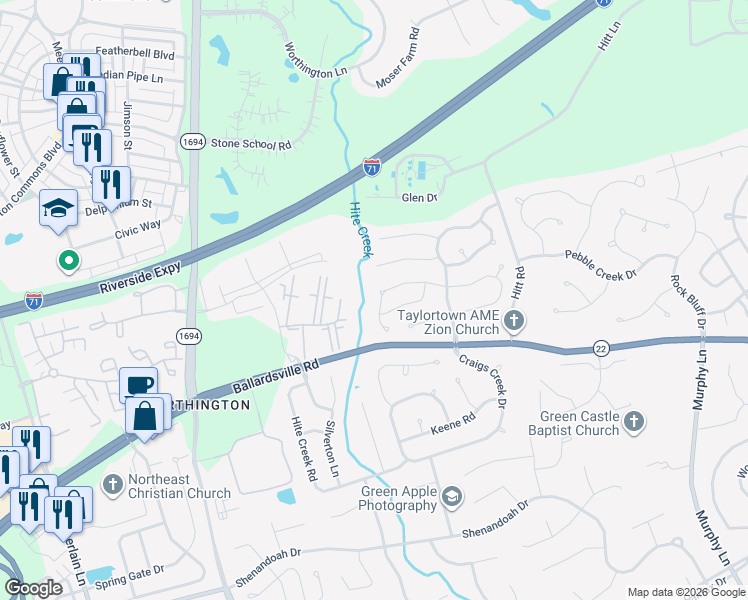 map of restaurants, bars, coffee shops, grocery stores, and more near 11036 Symington Circle in Louisville