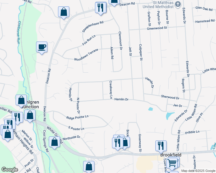 map of restaurants, bars, coffee shops, grocery stores, and more near 9 Creekway Lane in Fredericksburg