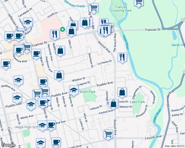 map of restaurants, bars, coffee shops, grocery stores, and more near 5 Windsor Court in Napa