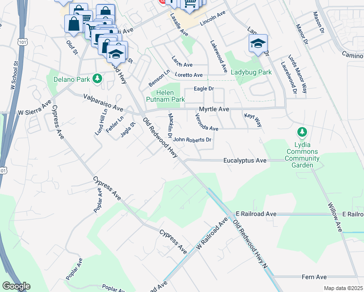 map of restaurants, bars, coffee shops, grocery stores, and more near 105 Ward Drive in Cotati