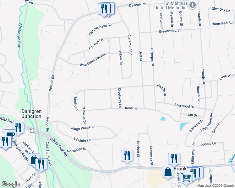 map of restaurants, bars, coffee shops, grocery stores, and more near 9 Creekway Lane in Fredericksburg