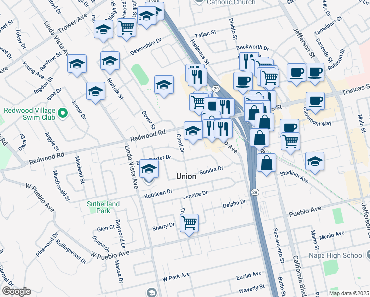 map of restaurants, bars, coffee shops, grocery stores, and more near 2163 Redwood Road in Napa