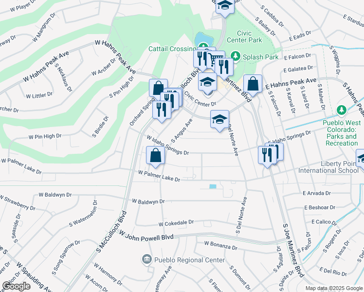 map of restaurants, bars, coffee shops, grocery stores, and more near 139 West Idaho Springs Drive in Pueblo West