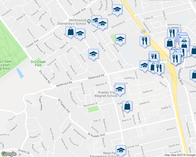 map of restaurants, bars, coffee shops, grocery stores, and more near 2433 Redwood Road in Napa