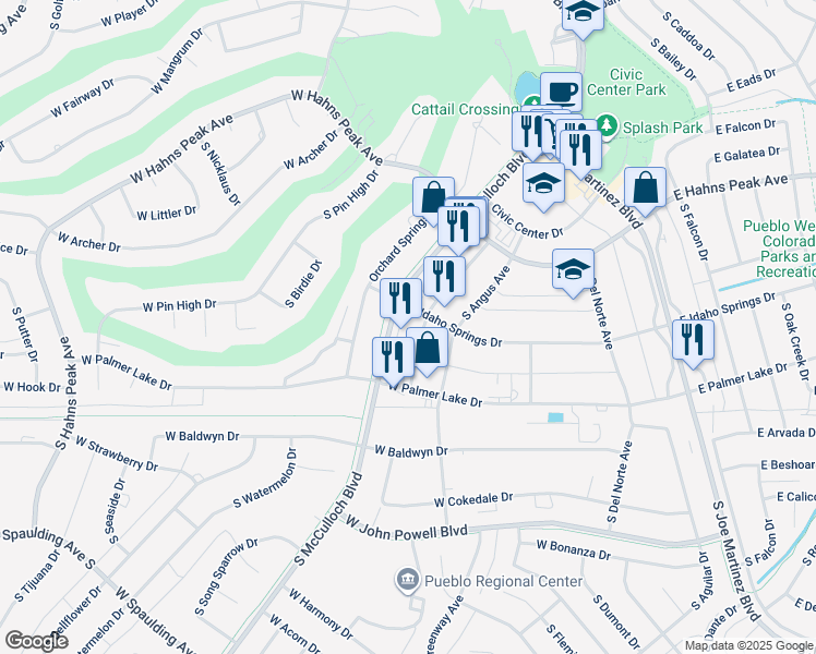 map of restaurants, bars, coffee shops, grocery stores, and more near 404 South McCulloch Boulevard in Pueblo West