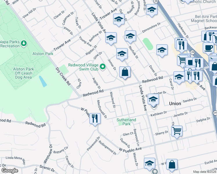 map of restaurants, bars, coffee shops, grocery stores, and more near 2510 Redwood Road in Napa