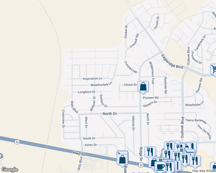 map of restaurants, bars, coffee shops, grocery stores, and more near 2220 Meadowlark Lane in Pueblo