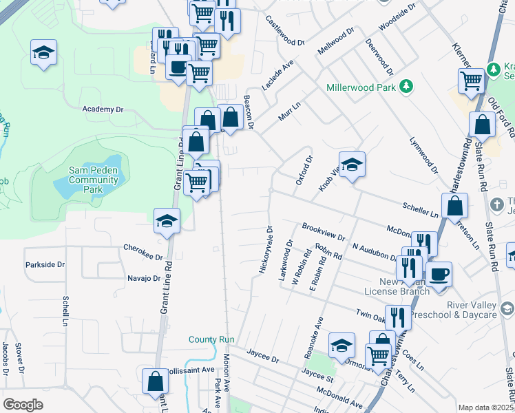 map of restaurants, bars, coffee shops, grocery stores, and more near 1822 Scott Road in New Albany
