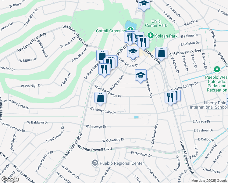 map of restaurants, bars, coffee shops, grocery stores, and more near 139 West Idaho Springs Drive in Pueblo