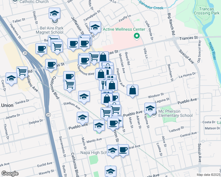 map of restaurants, bars, coffee shops, grocery stores, and more near 3192 Jefferson Street in Napa