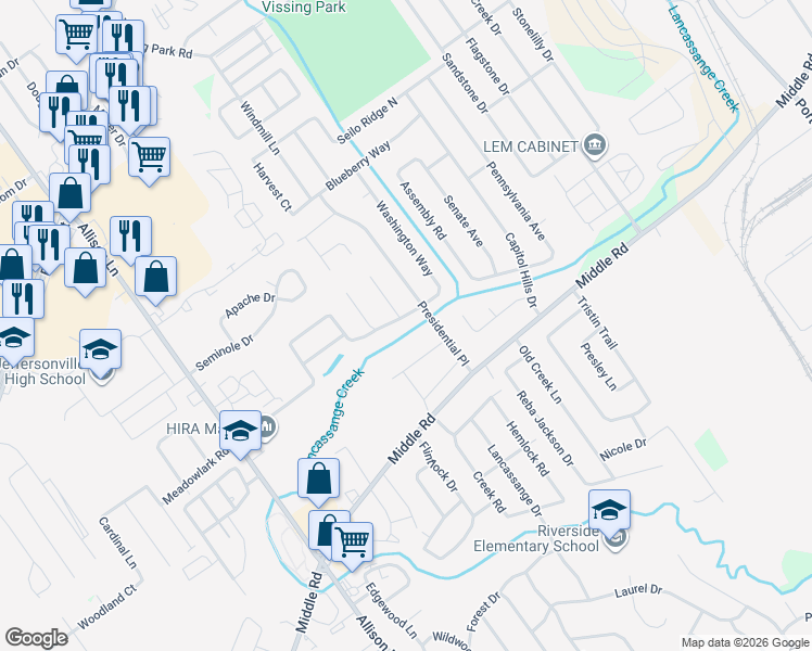 map of restaurants, bars, coffee shops, grocery stores, and more near 3411 Alexander Court in Jeffersonville
