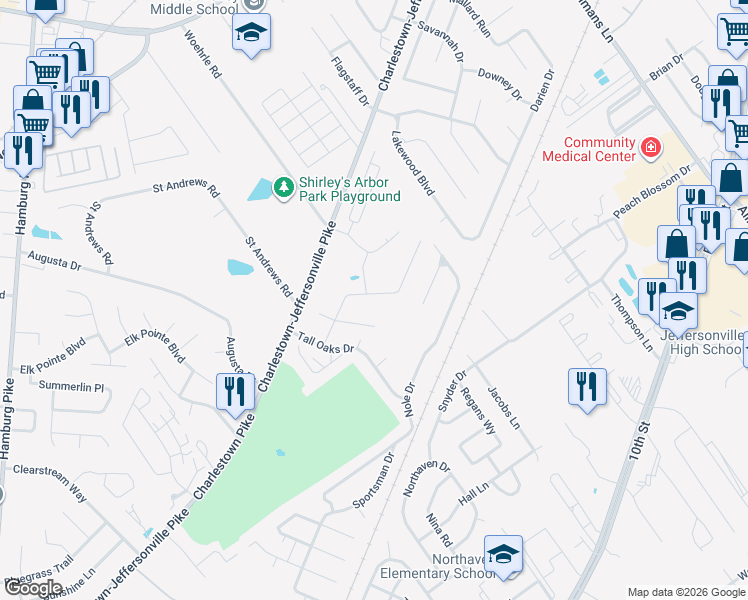 map of restaurants, bars, coffee shops, grocery stores, and more near 2410 Ridgewood Court in Jeffersonville