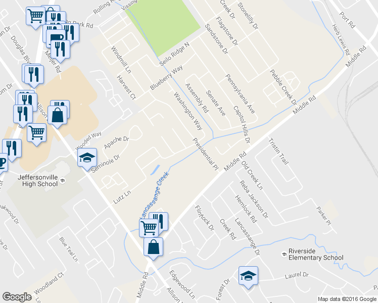 map of restaurants, bars, coffee shops, grocery stores, and more near 3411 Alexander Court in Jeffersonville