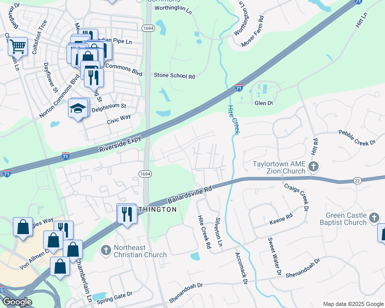 map of restaurants, bars, coffee shops, grocery stores, and more near 10401 Shadow Ridge Lane in Louisville