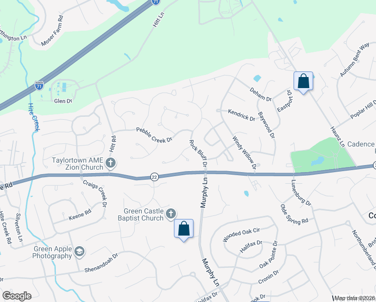 map of restaurants, bars, coffee shops, grocery stores, and more near 11120 Rock Bend Way in Louisville