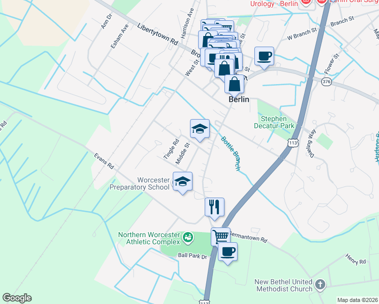 map of restaurants, bars, coffee shops, grocery stores, and more near 101 Middle Street in Berlin