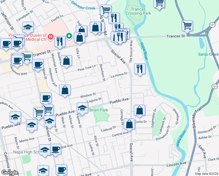 map of restaurants, bars, coffee shops, grocery stores, and more near 5 Windsor Court in Napa