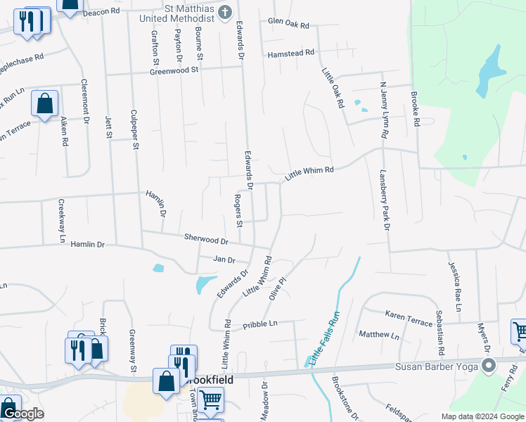 map of restaurants, bars, coffee shops, grocery stores, and more near 505 Sullivan Drive in Fredericksburg