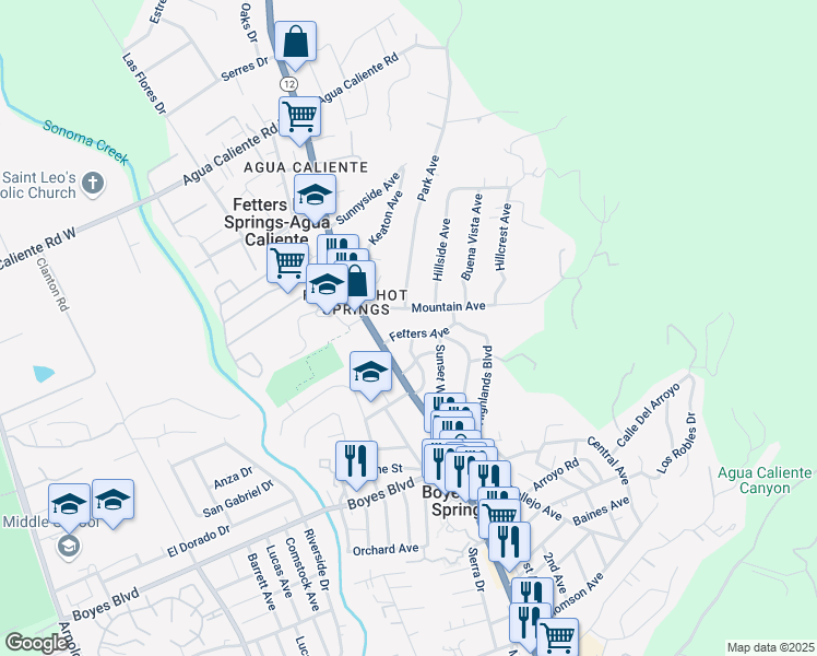 map of restaurants, bars, coffee shops, grocery stores, and more near 121 Fetters Avenue in Sonoma