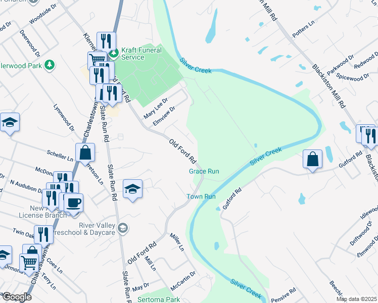 map of restaurants, bars, coffee shops, grocery stores, and more near 1554 Old Ford Road in New Albany