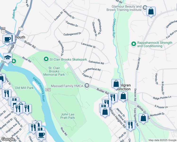 map of restaurants, bars, coffee shops, grocery stores, and more near 604 Cumberland Road in Fredericksburg