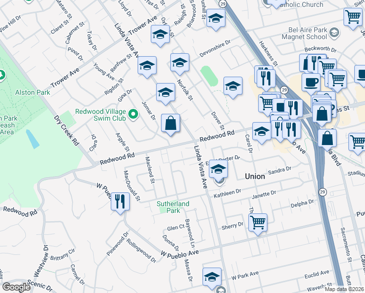 map of restaurants, bars, coffee shops, grocery stores, and more near 2425 Redwood Road in Napa
