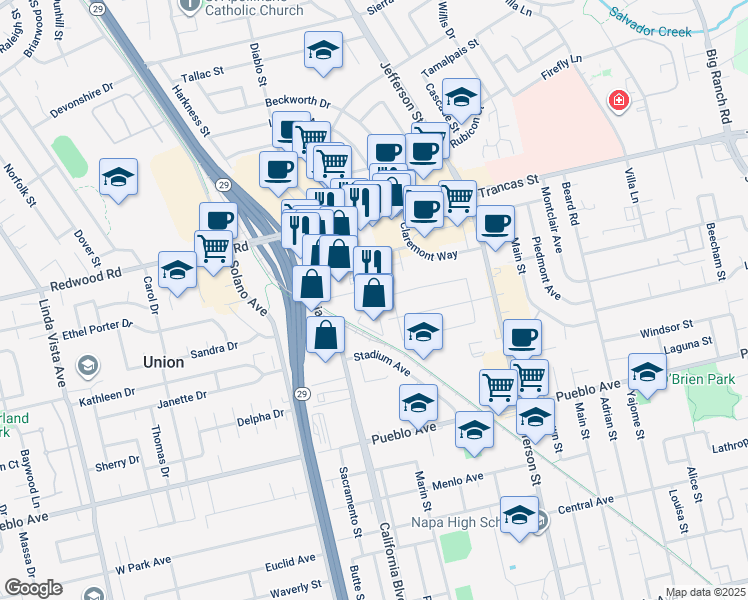 map of restaurants, bars, coffee shops, grocery stores, and more near 1758 Industrial Way in Napa
