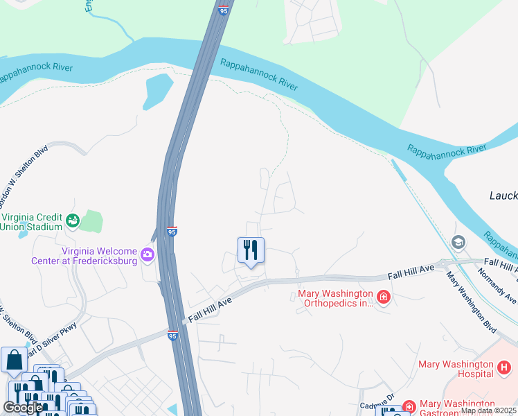 map of restaurants, bars, coffee shops, grocery stores, and more near 1010 Wicklow Drive in Fredericksburg