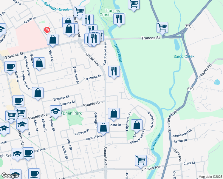 map of restaurants, bars, coffee shops, grocery stores, and more near 2761 Elks Way in Napa
