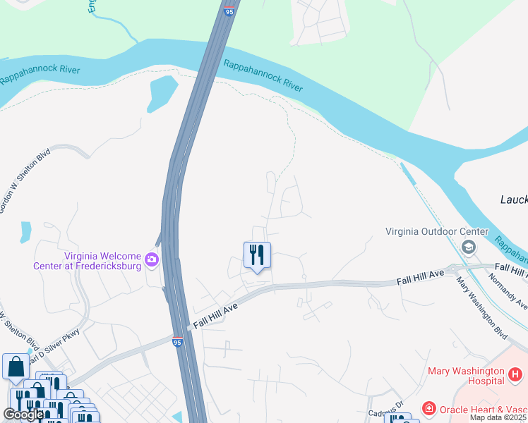 map of restaurants, bars, coffee shops, grocery stores, and more near 1010 Wicklow Drive in Fredericksburg