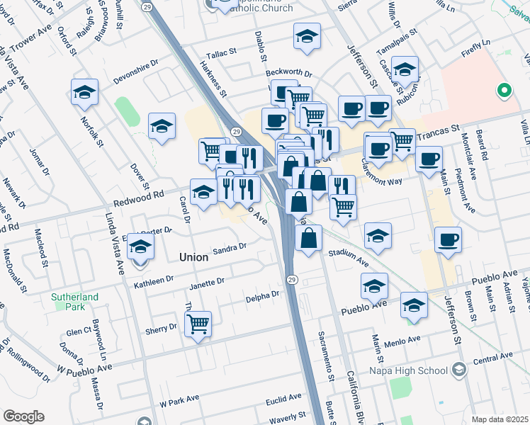 map of restaurants, bars, coffee shops, grocery stores, and more near 3360 Solano Avenue in Napa