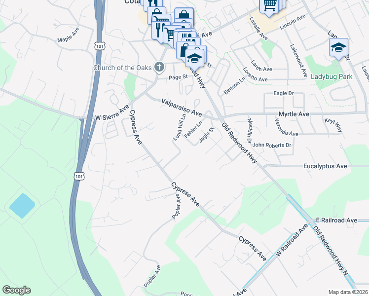 map of restaurants, bars, coffee shops, grocery stores, and more near 8825 Lund Hill Lane in Cotati