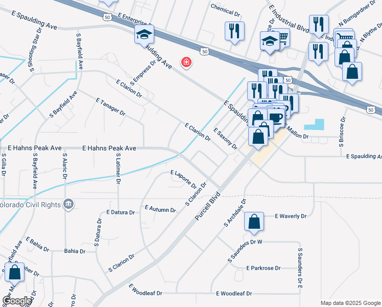 map of restaurants, bars, coffee shops, grocery stores, and more near 687 East Hahns Peak Avenue in Pueblo West