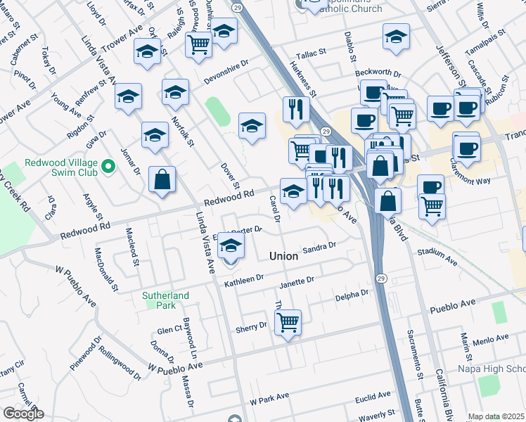 map of restaurants, bars, coffee shops, grocery stores, and more near 2233 Pamela Drive in Napa